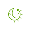 A green sun and moon icon on a white background