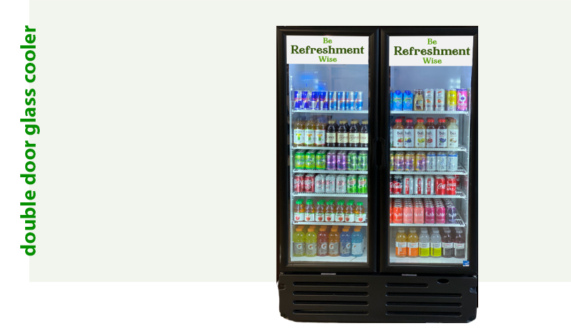 A double door refrigerator with many different drinks.