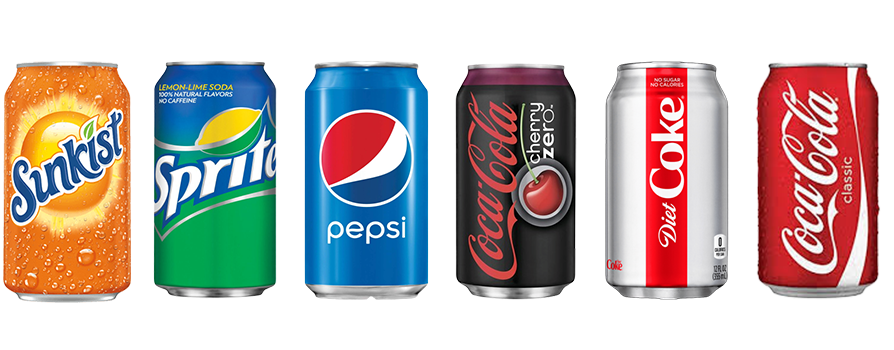 A series of cans of soda and other drinks.