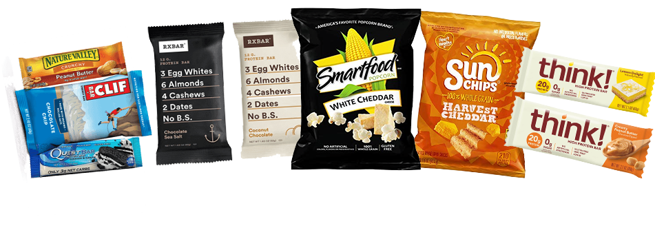 A black background with different types of snacks.
